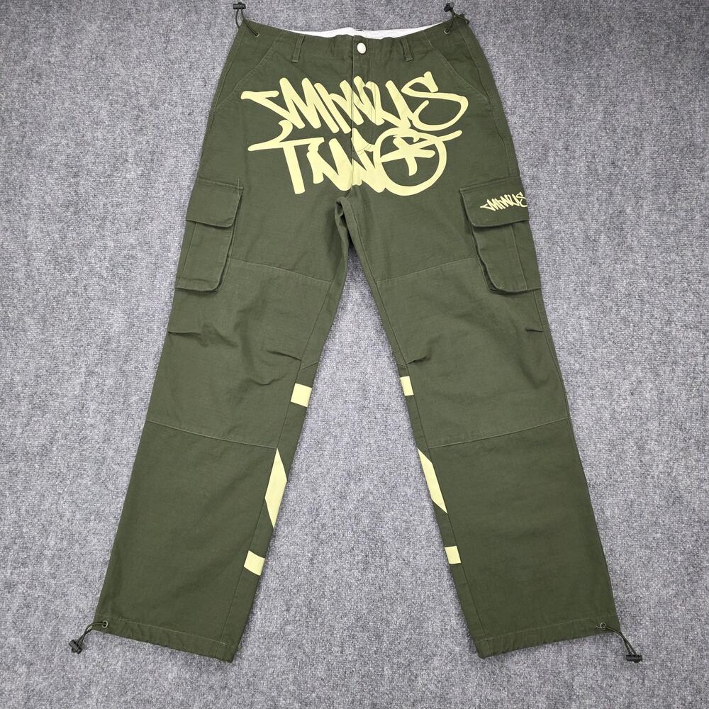 Minus Two Pants Mens Medium Green Cargo Graffiti Streetwear Utility Skate Y2K